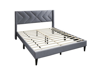 Elegant Grey Velvet Queen Bed Frame - Box Spring Not Required