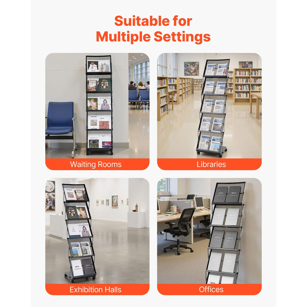 Foldable Metal Magazine Display Rack with Wheels for Office Storage for Living Room