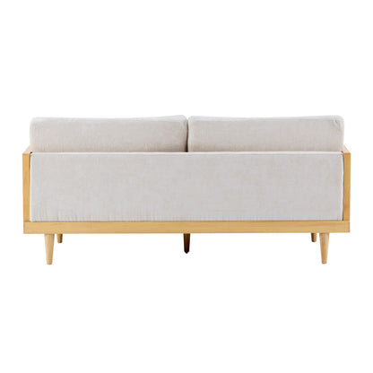 3-Seat Boucle Sofa with Cane Rattan, Natural Beige for Living Room