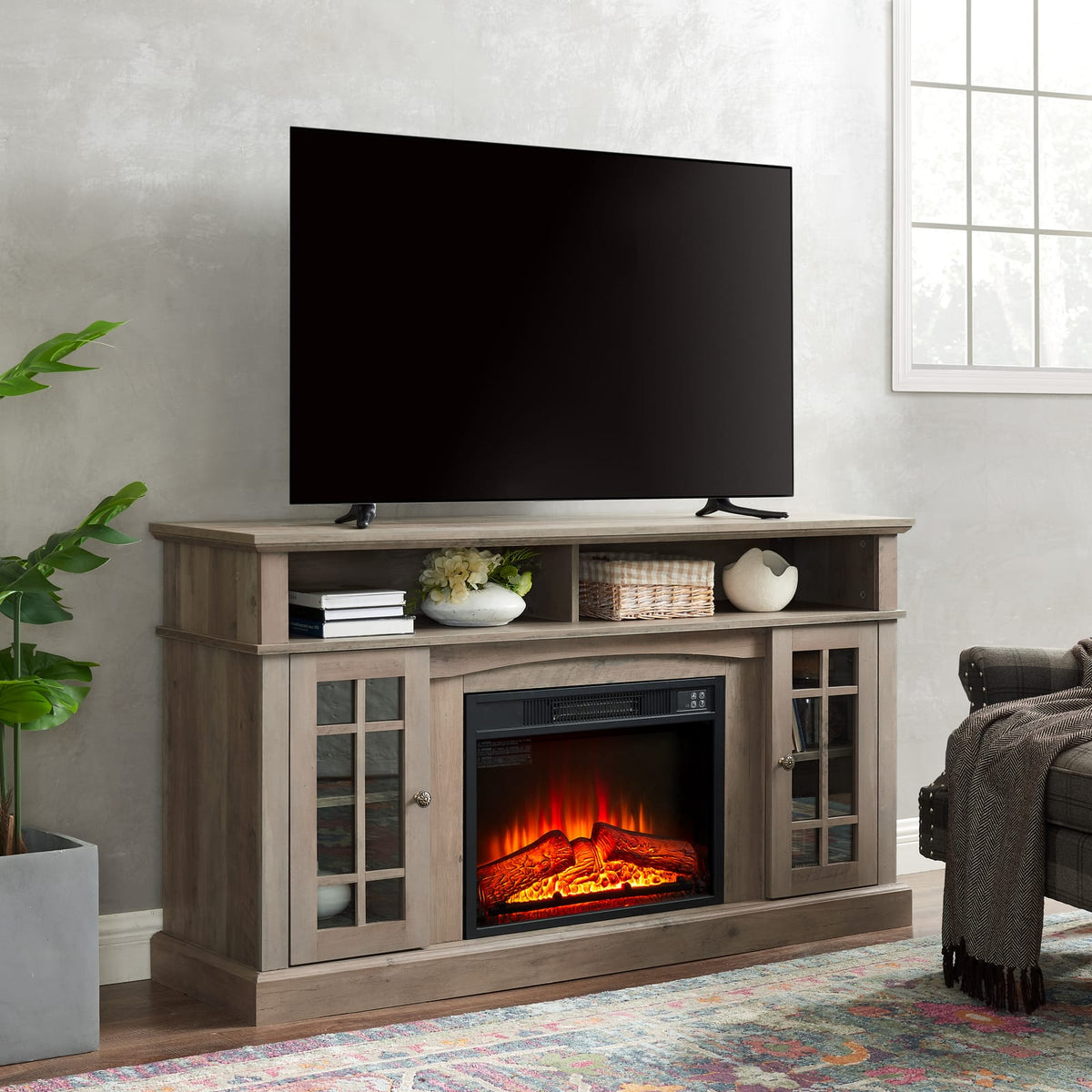 Grey Wash TV Stand with Fireplace - 65" TV Storage for Living Room