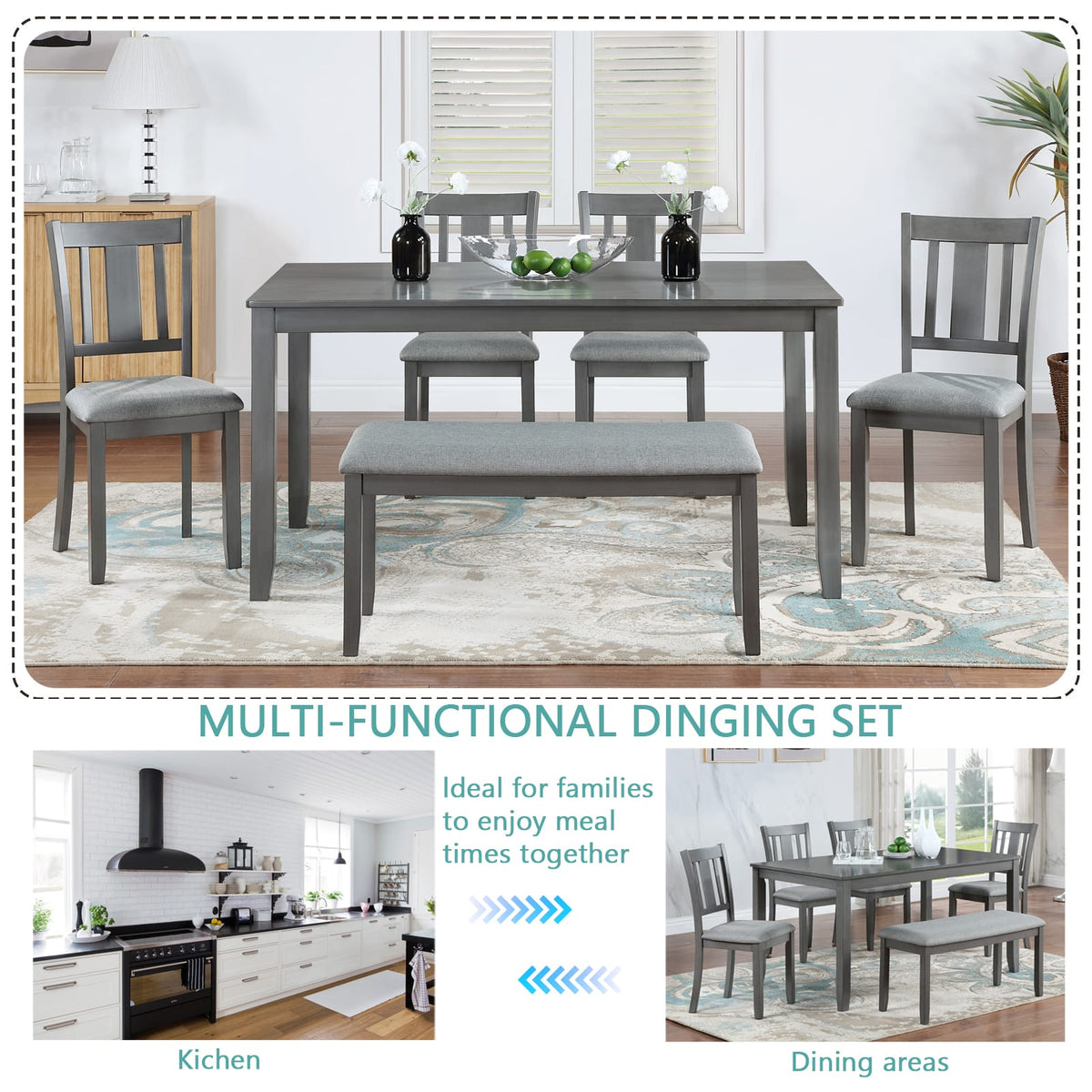 6-Piece Gray Acacia Wood Dining Set - Table & 4 Chairs