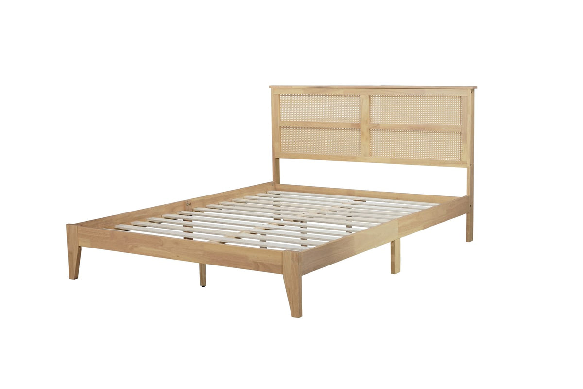 Natural Rubber Wood Queen Bed with Rattan Headboard for Bedroom Storage