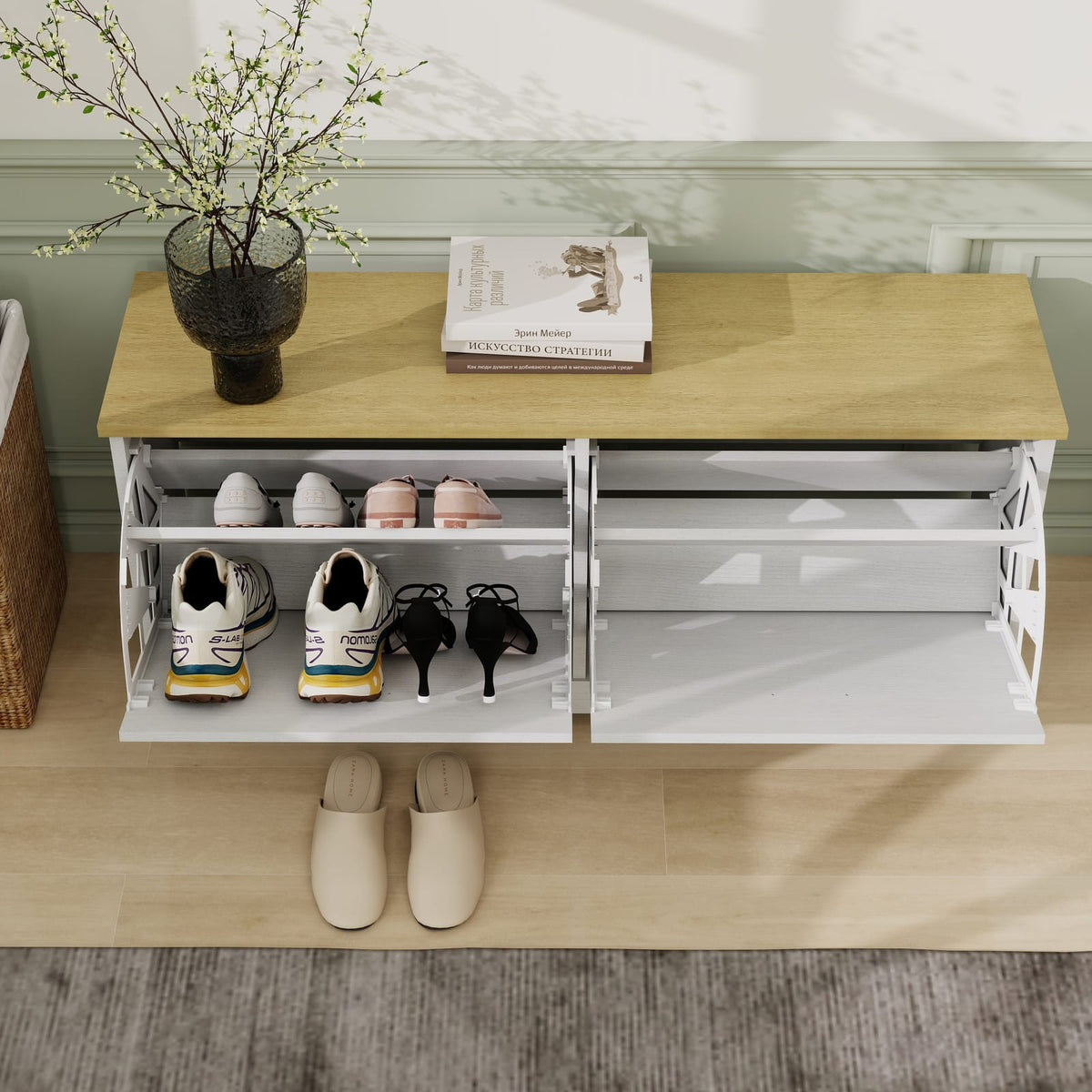 Antique White Shoe Storage Bench - 2 Drawers, Adjustable Shelf for Living Room