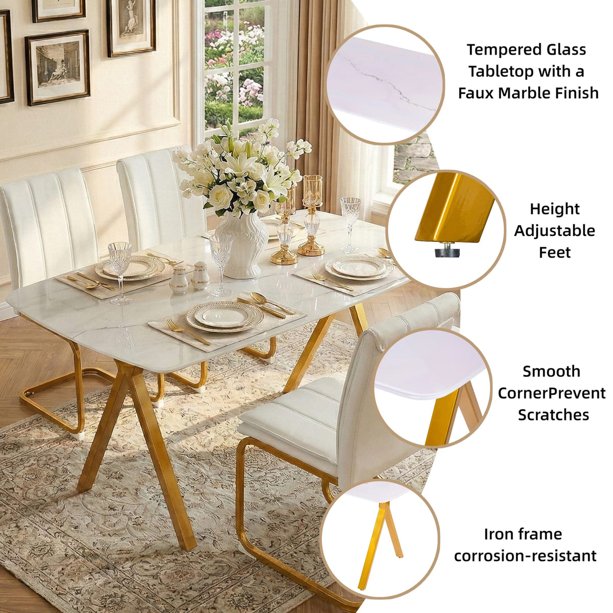 Gold Glass Dining Table - Rectangular Tempered Glass Tabletop