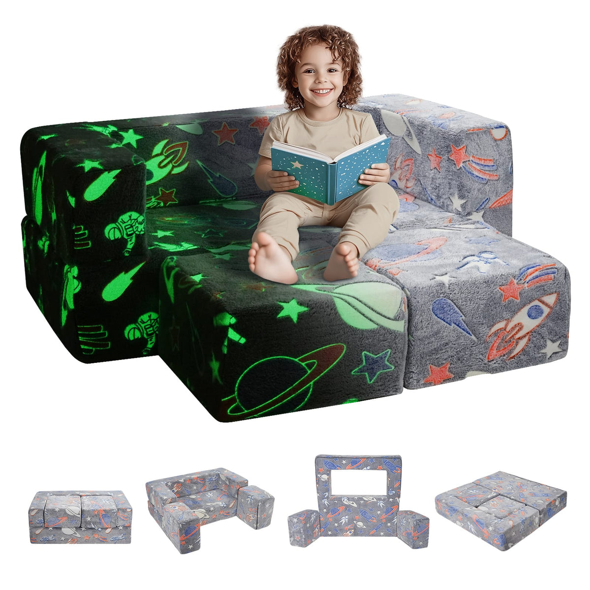 Kids Couch 4Pcs Toddler Sofa Bed, Dark Grey - Youth Furniture
