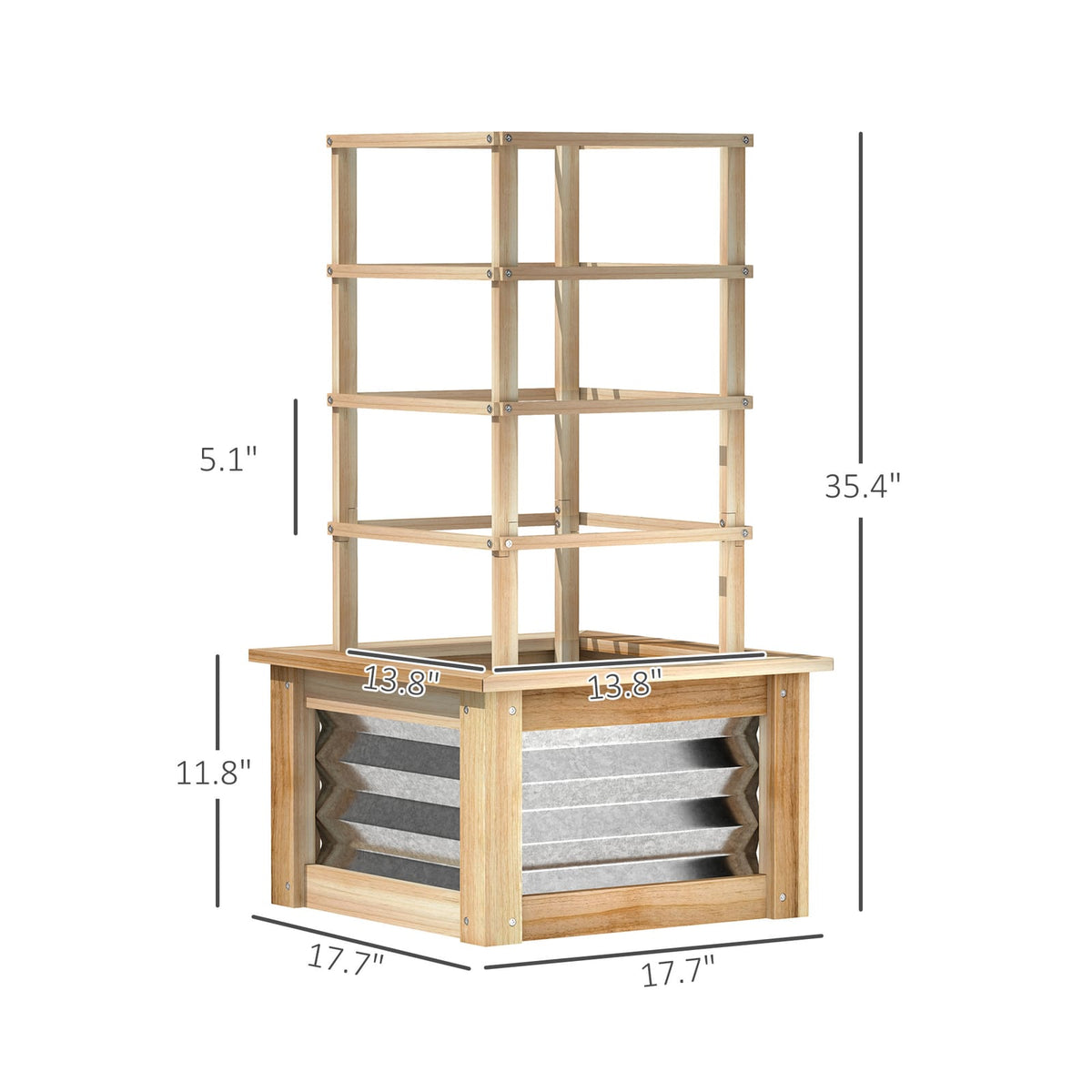 Galvanized Planter Box - Raised Garden Bed with Trellis, Natural Wood