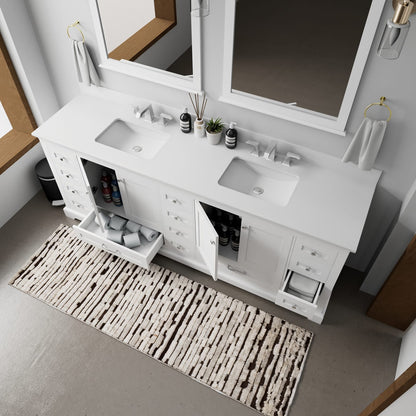 White Double Bath Vanity - 84" W with Quartz Top