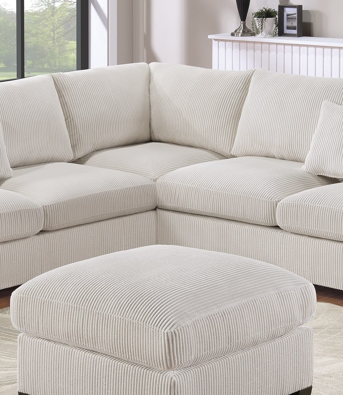 Ivory Corduroy L-Shaped Sofa - 5 Seat Sectional for Living Room