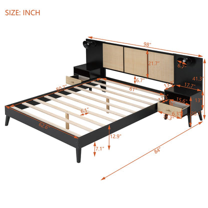 Queen Size Solid Wood Bed Frame - Black with Nightstands & Lamps