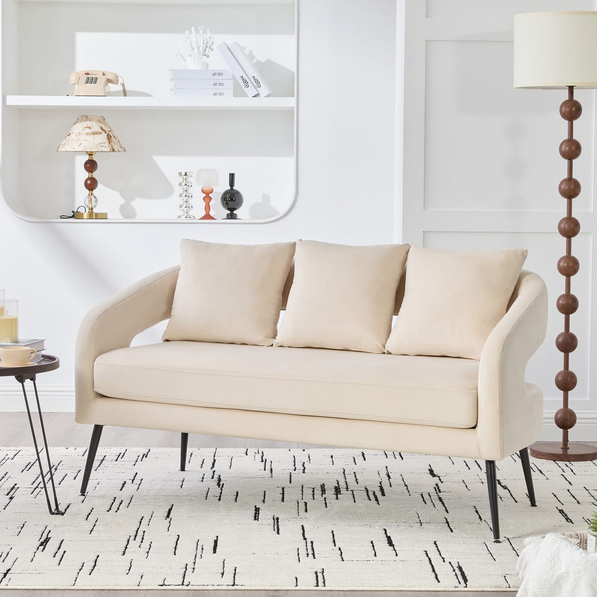 Beige Velvet Loveseat - Modern Open Back Sofa with Metal Legs for Living Room
