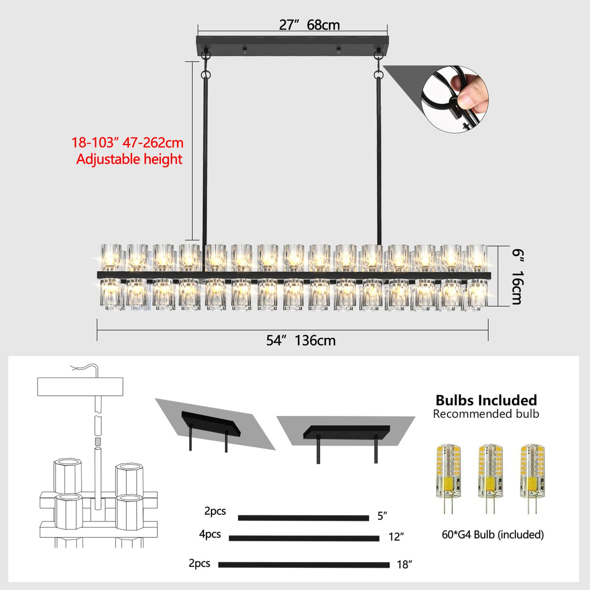 Rectangular Luxurious Crystal Chandelier - Black Frame, Iron Material