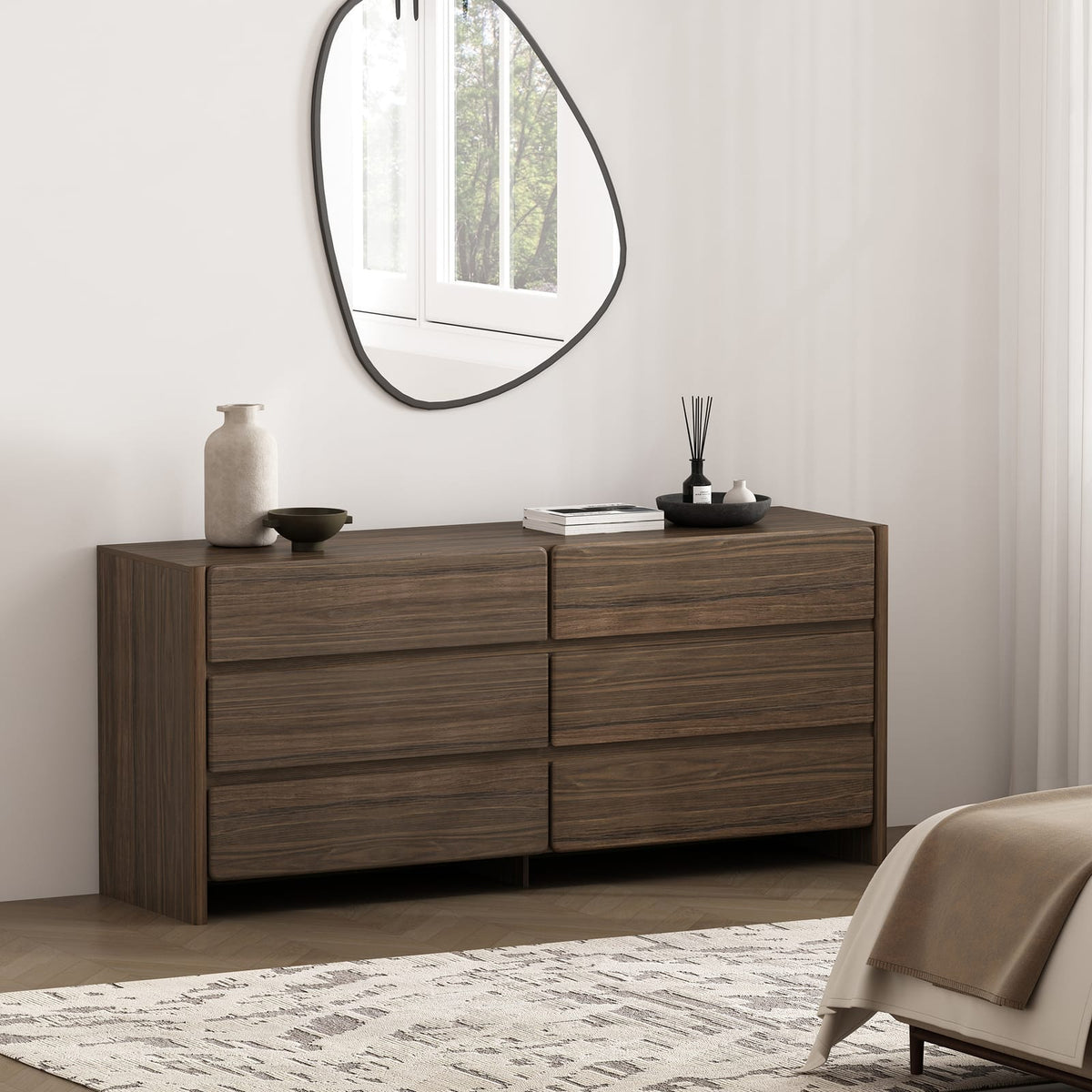 Walnut Brown Double Dresser with 6 Drawers for Bedroom Storage