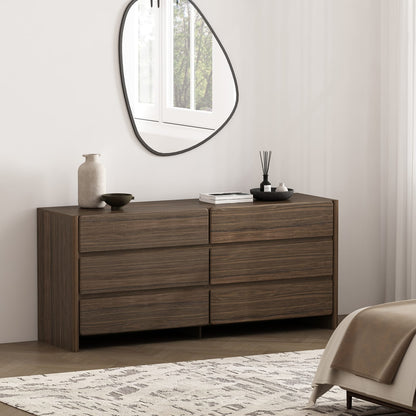 Walnut Brown Double Dresser with 6 Drawers for Bedroom Storage