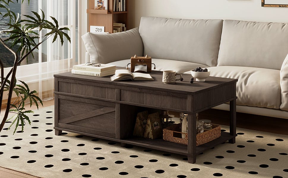 Lift-Top Coffee Table with Hidden Storage, Brown for Living Room