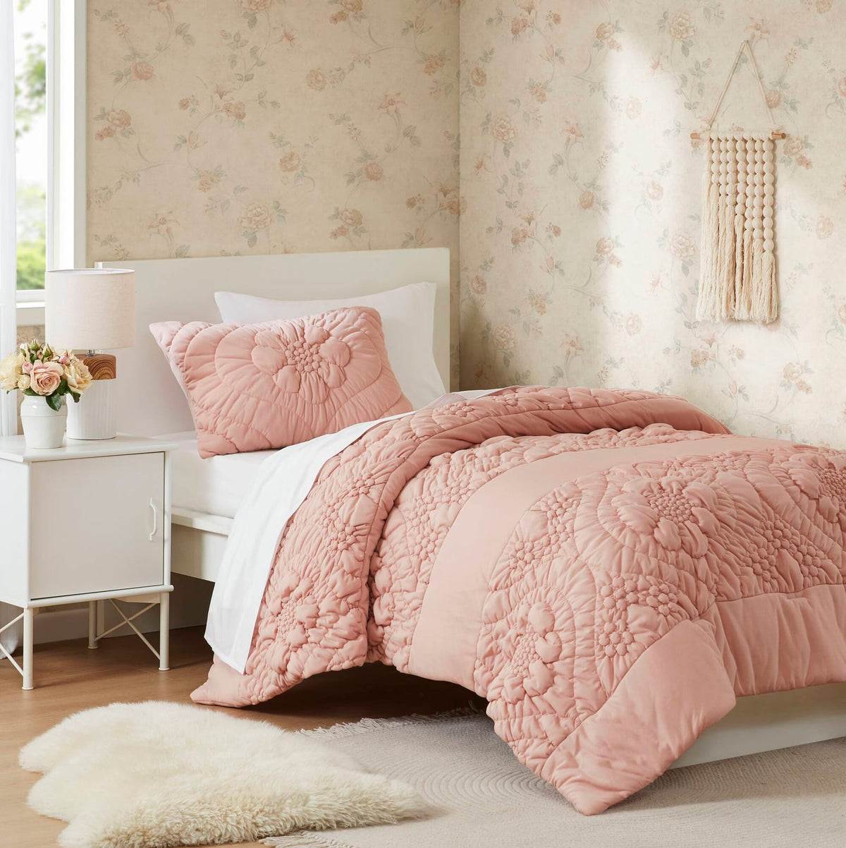 3-Piece Full/Queen Comforter Set, Pink - Soft Polyester Floral Quilt