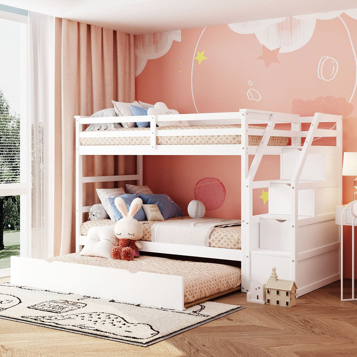 Twin-Over-Twin Bunk Bed with Trundle - White Solid Wood
