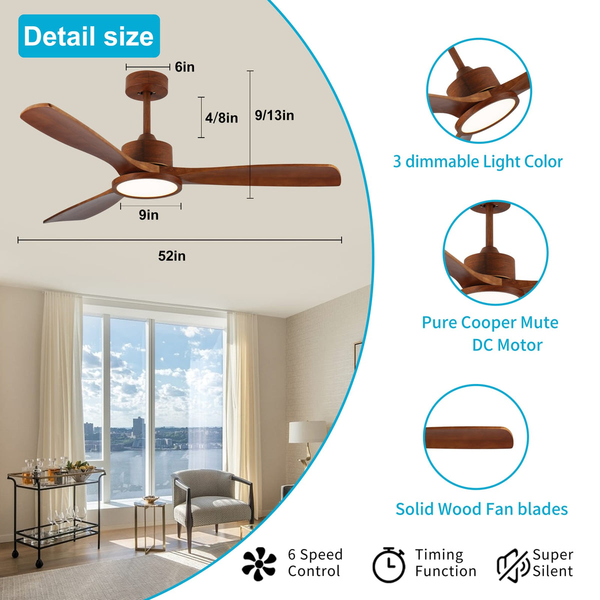 52 Inch Wood Ceiling Fan with Lights - Remote Control, Modern Design