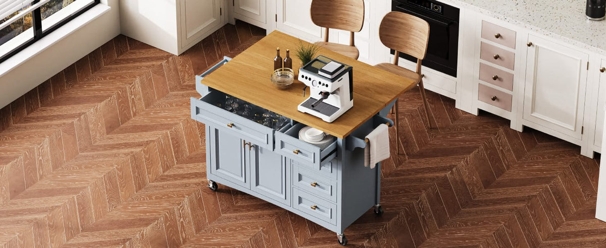 K&K 52" Kitchen Island - Drop Leaf, Blue Grey MDF