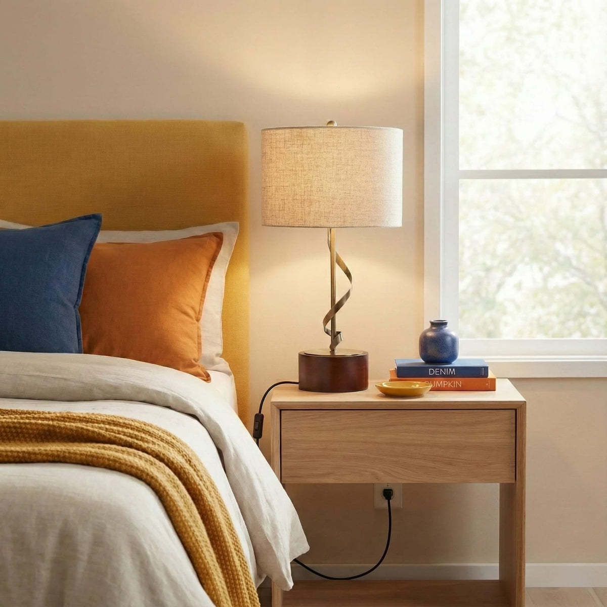 White Wood Bedside Table Lamp with Twisted Metal Stem