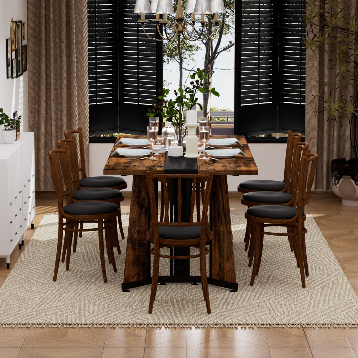 Rustic Brown Black Dining Table for Kitchen Storage and Dining Room