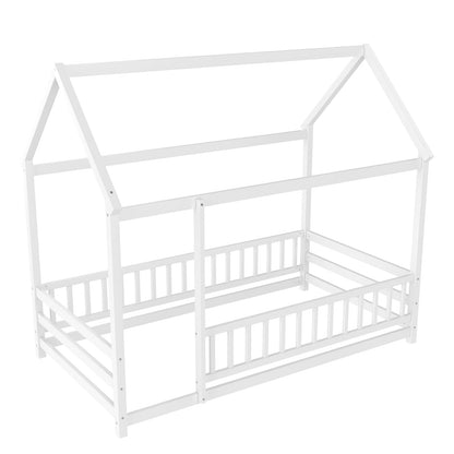 Twin Size Wooden Bed with House Roof Frame, White for Bedroom