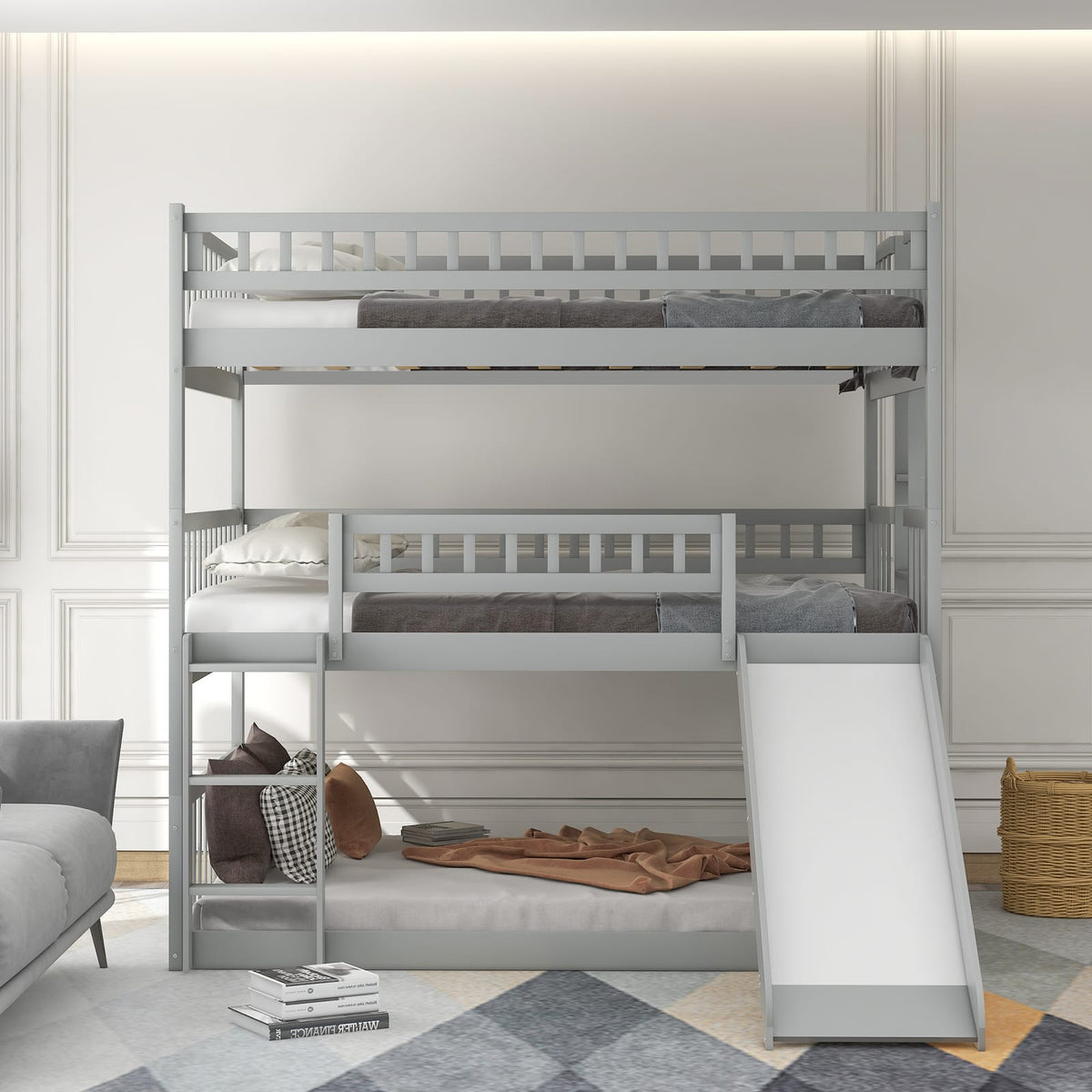 Full-Over-Full-Over-Full Triple Bed with Ladder & Slide, Gray for Bedroom