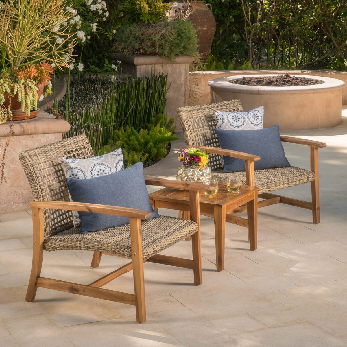 Acacia Wood Wicker Club Chairs - 2-Piece Patio Set Natural+Grey