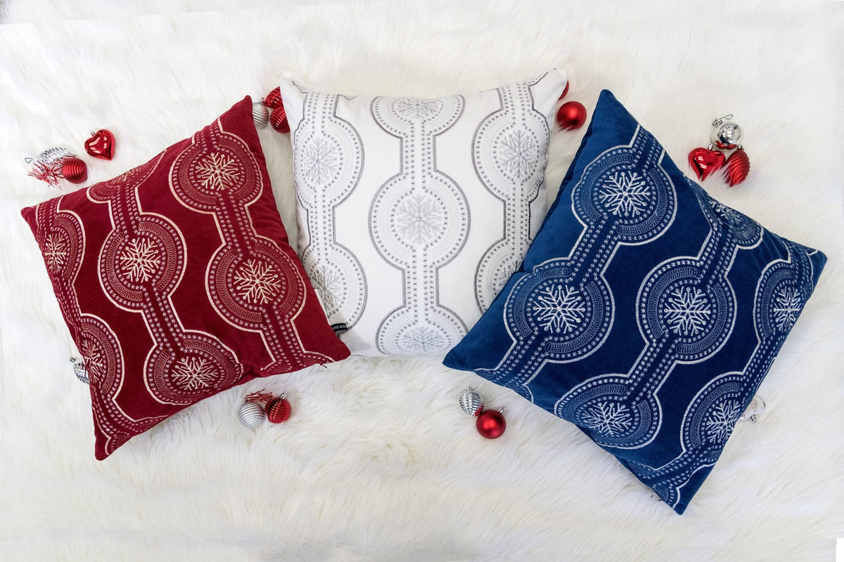 Blue Velvet Throw Pillow with Snowflake Embroidery - 20x20