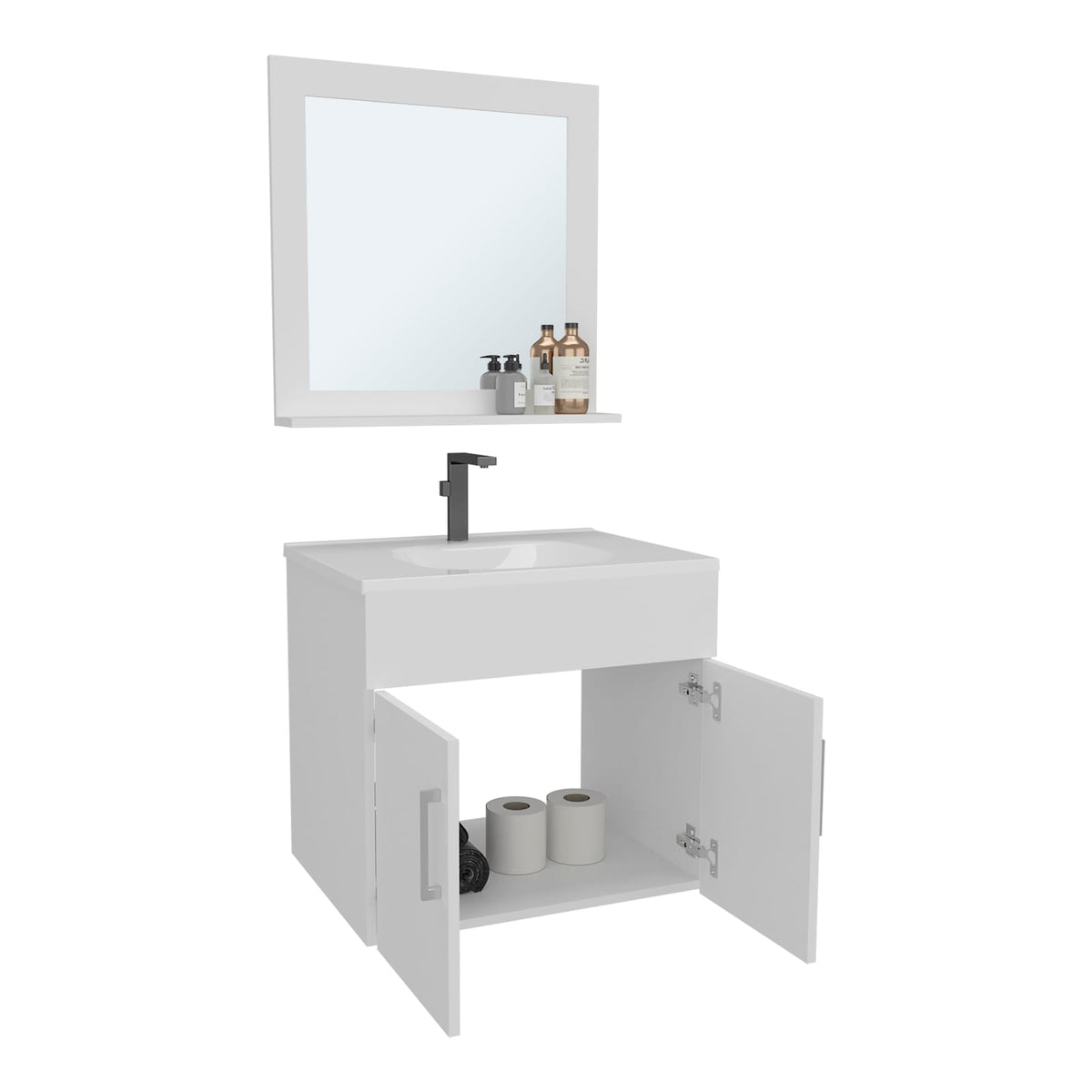 White Bathroom Vanity with Mirror - Wall Mounted Storage