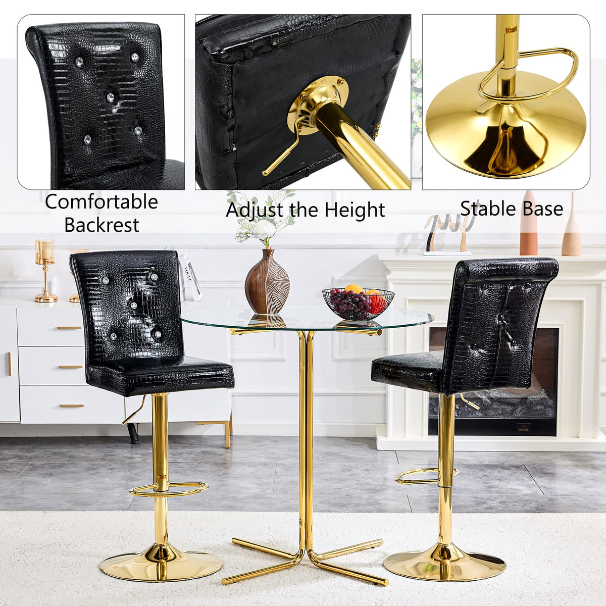 Round Glass Bar Table with 2 Black Stools - Gold Base for Dining Room