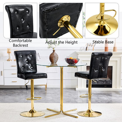 Round Glass Bar Table with 2 Black Stools - Gold Base for Dining Room