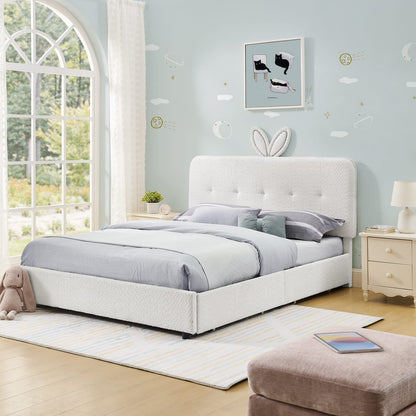 Full Size Kids Bed with Storage - Beige Boucle Fabric