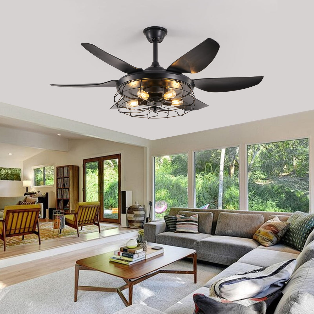 Black Iron Ceiling Fan with Light for Bedroom Decor and Guest Rooms