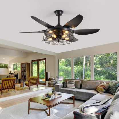 Black Iron Ceiling Fan with Light for Bedroom Decor and Guest Rooms