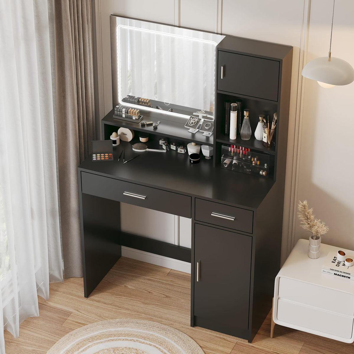 Black Makeup Vanity Table with Mirror & LED Light for Bedroom