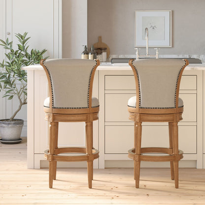 31" Weathered Natural Swivel Barstool - Wood & Gray Fabric