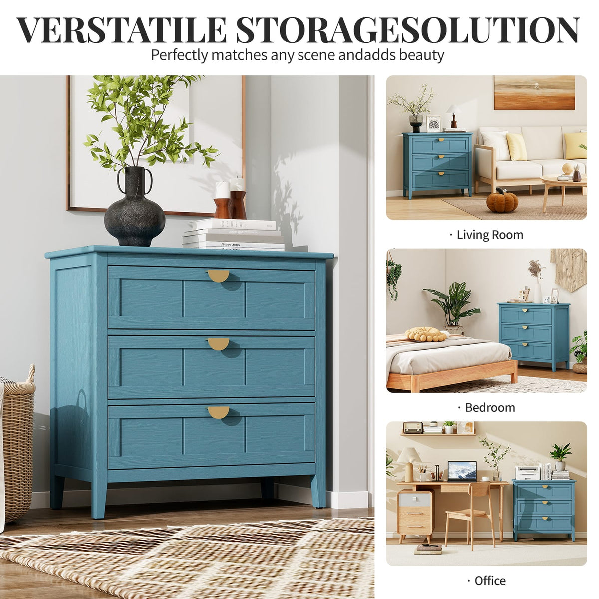 Blue MDF 3 Drawer Cabinet - Bedroom Storage