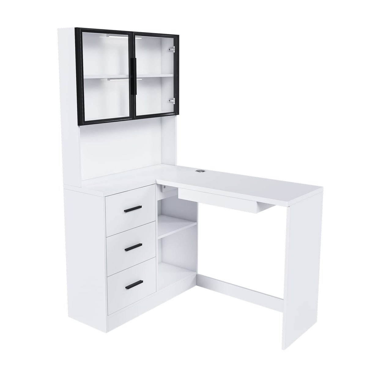 White L-Shaped Office Desk with Glass Cabinets & LED Lights for Home Office