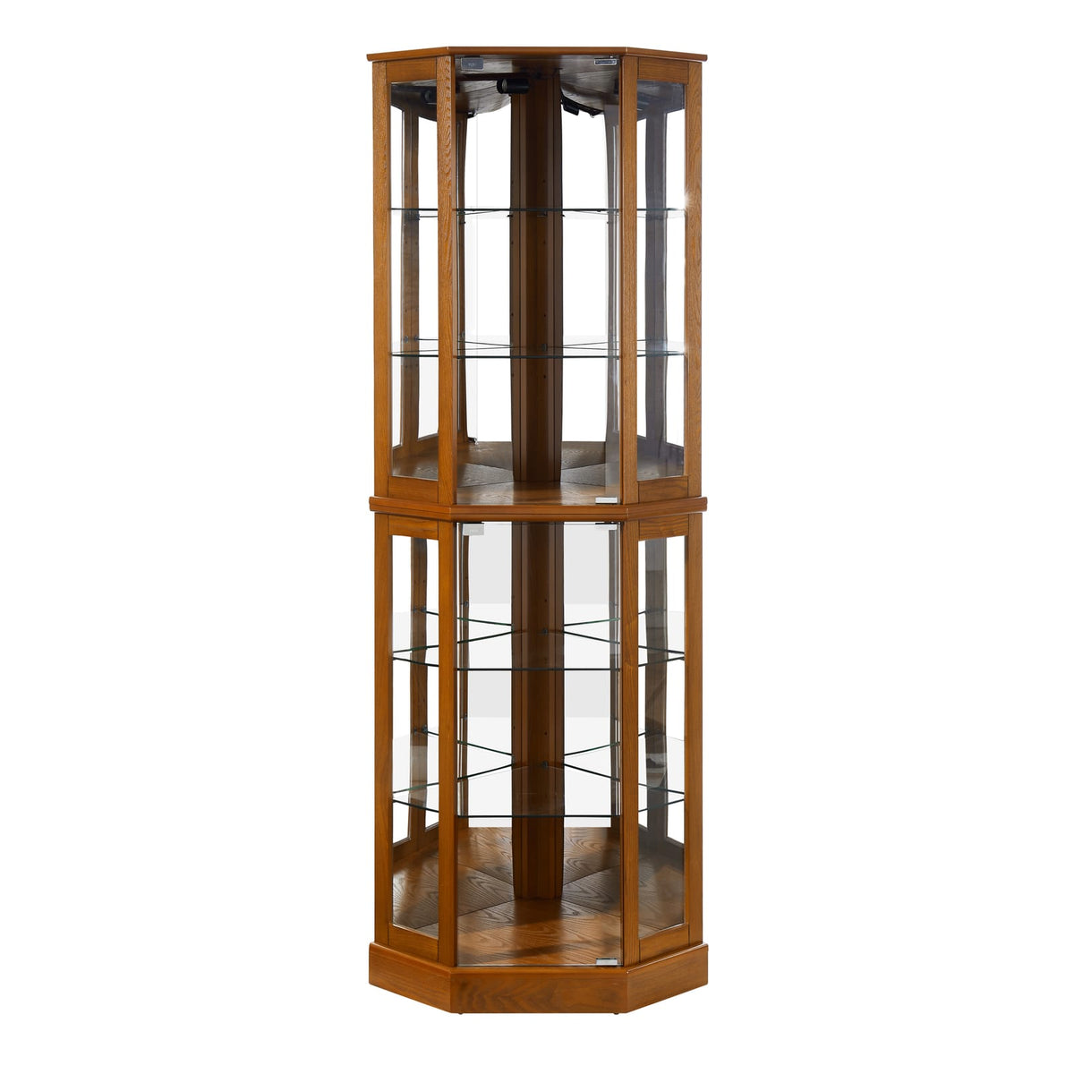 72" Oak Corner Curio Cabinet with Mirrored Panel & Lights