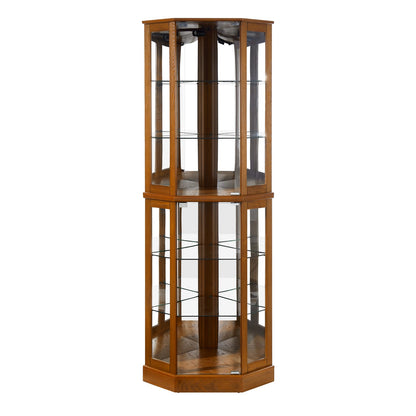 72" Oak Corner Curio Cabinet with Mirrored Panel & Lights