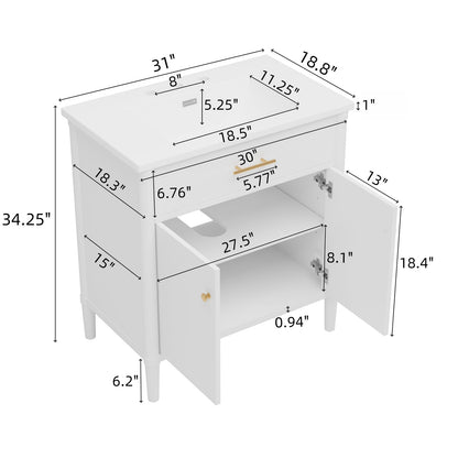 30 Inch White Bathroom Vanity with Sink - MDF & Rubber Wood