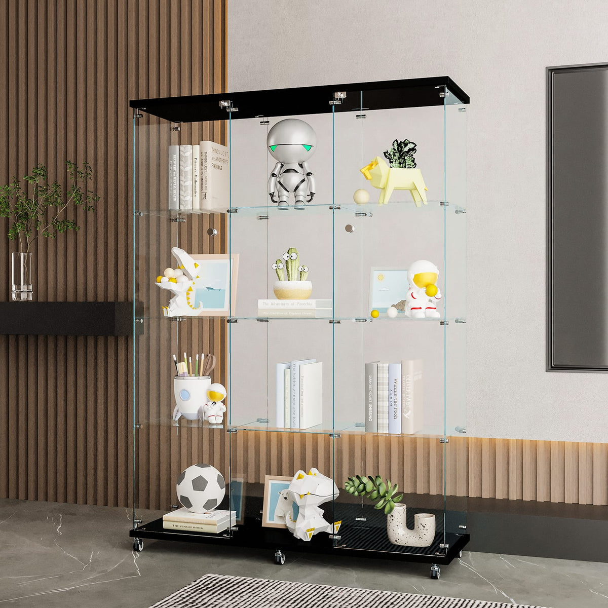 Large Black Glass Display Cabinet - 4 Shelves for Living Room, Office, or Home Office