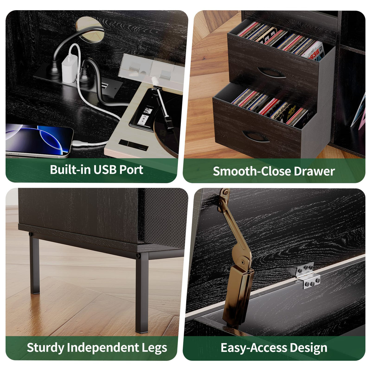 Black MDF Media Console with Storage for Record Player and Cables for Living Room