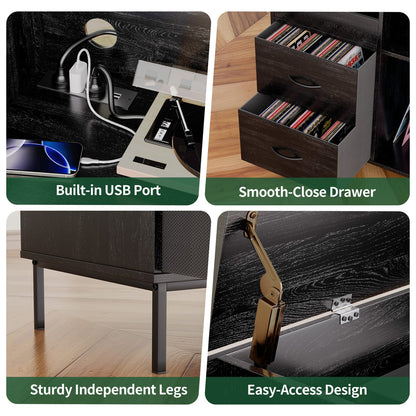 Black MDF Media Console with Storage for Record Player and Cables for Living Room