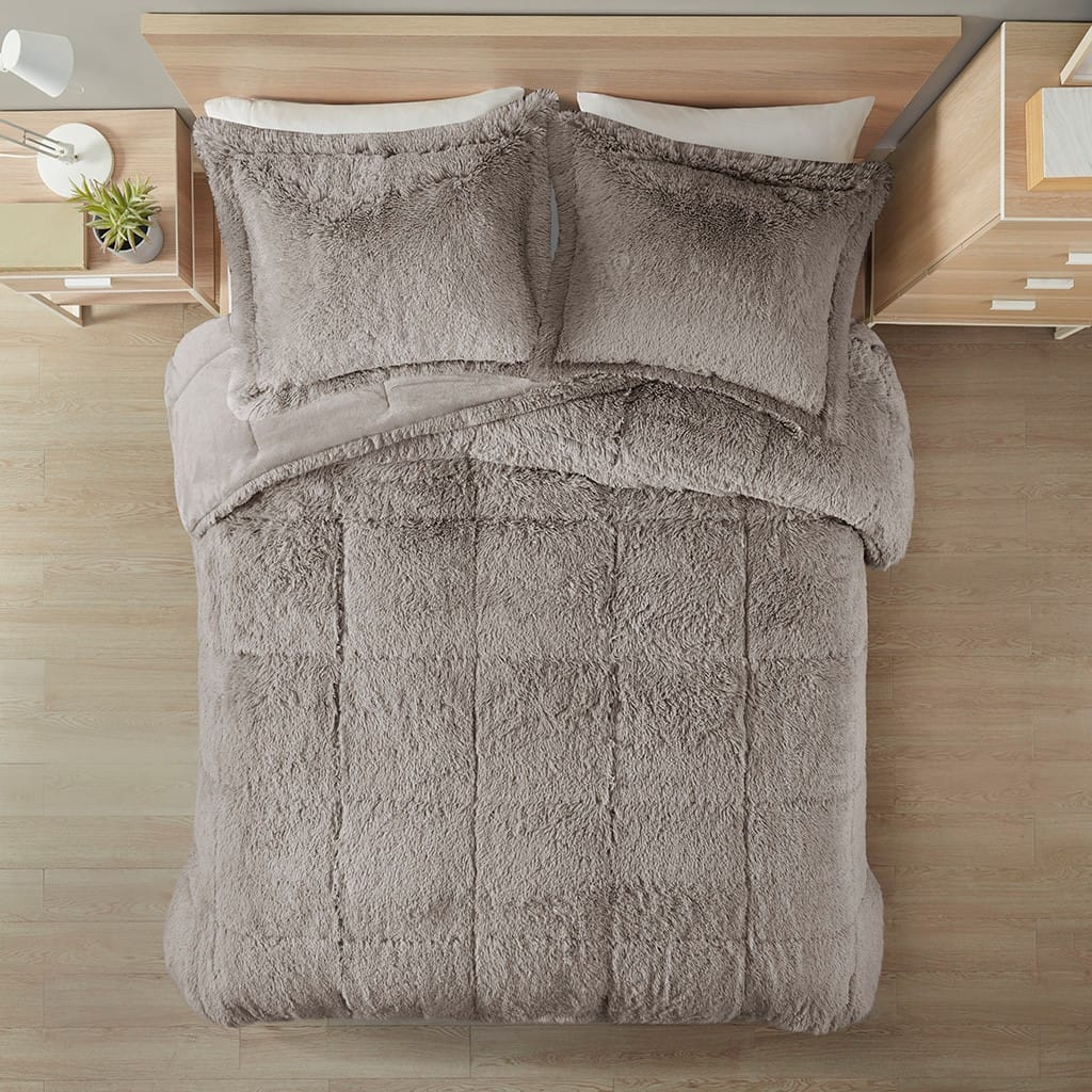 Queen Grey Shaggy Polyester Bedding Set
