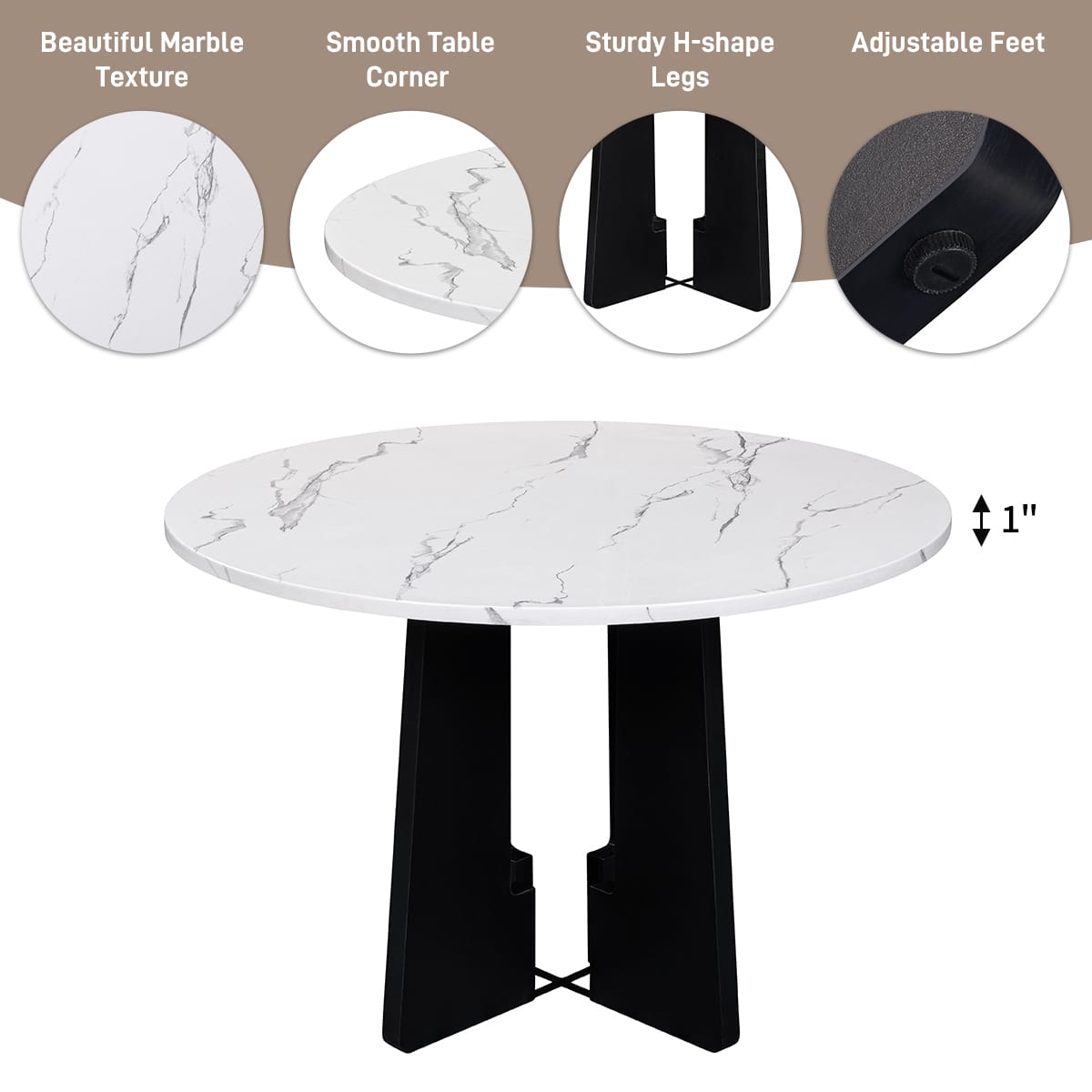 Round Dining Table, 43-Inch MDF, White/Black Modern Farmhouse Style
