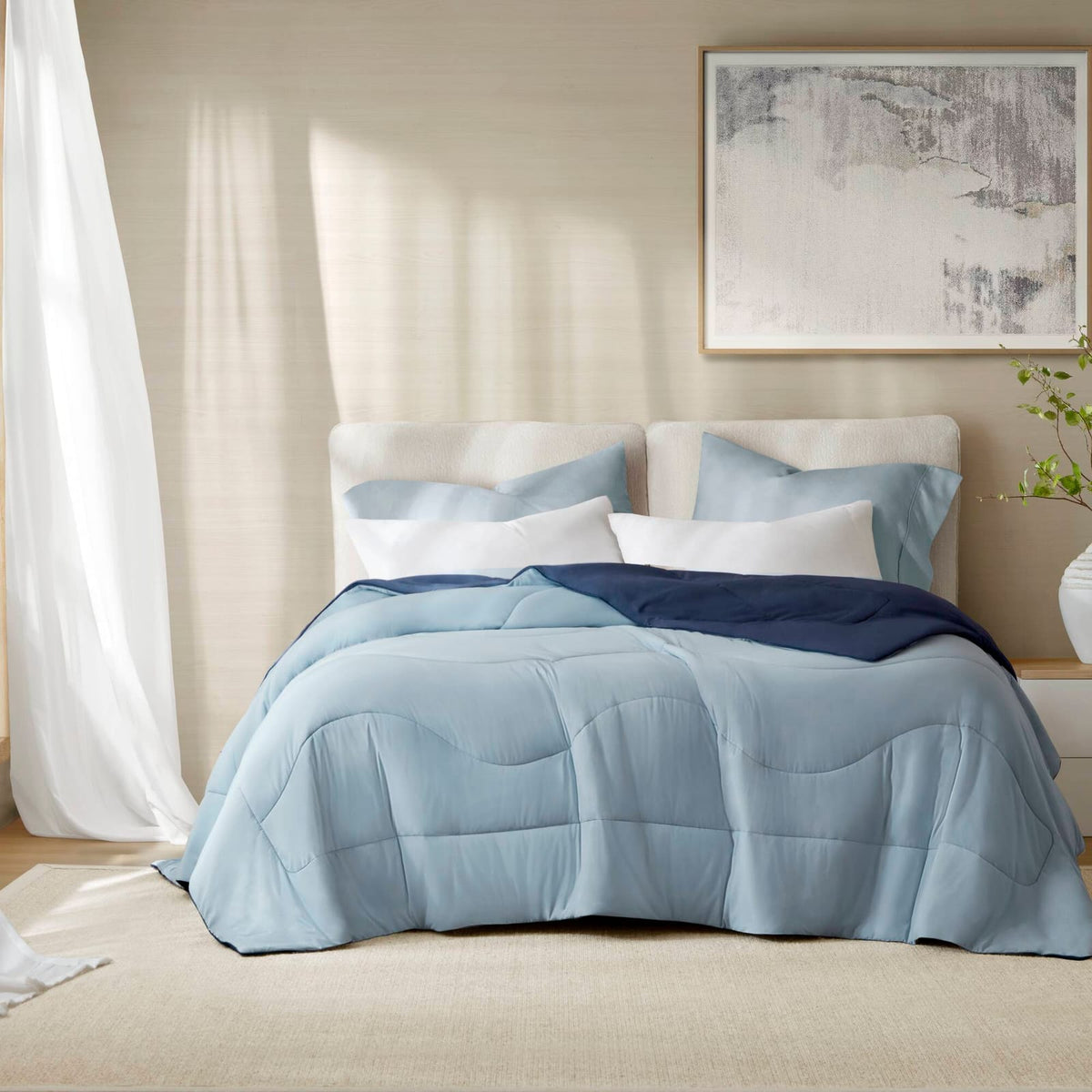 Full/Queen Reversible Tencel Comforter - Blue, Breathable & Cooling