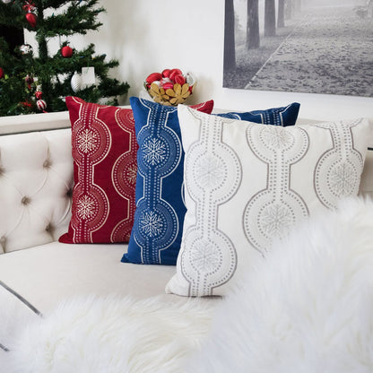 Blue Velvet Throw Pillow with Snowflake Embroidery - 20x20