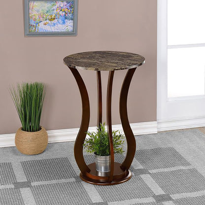Brown Round Wood Accent Table with Faux Marble Top for Living Spaces for Living Room