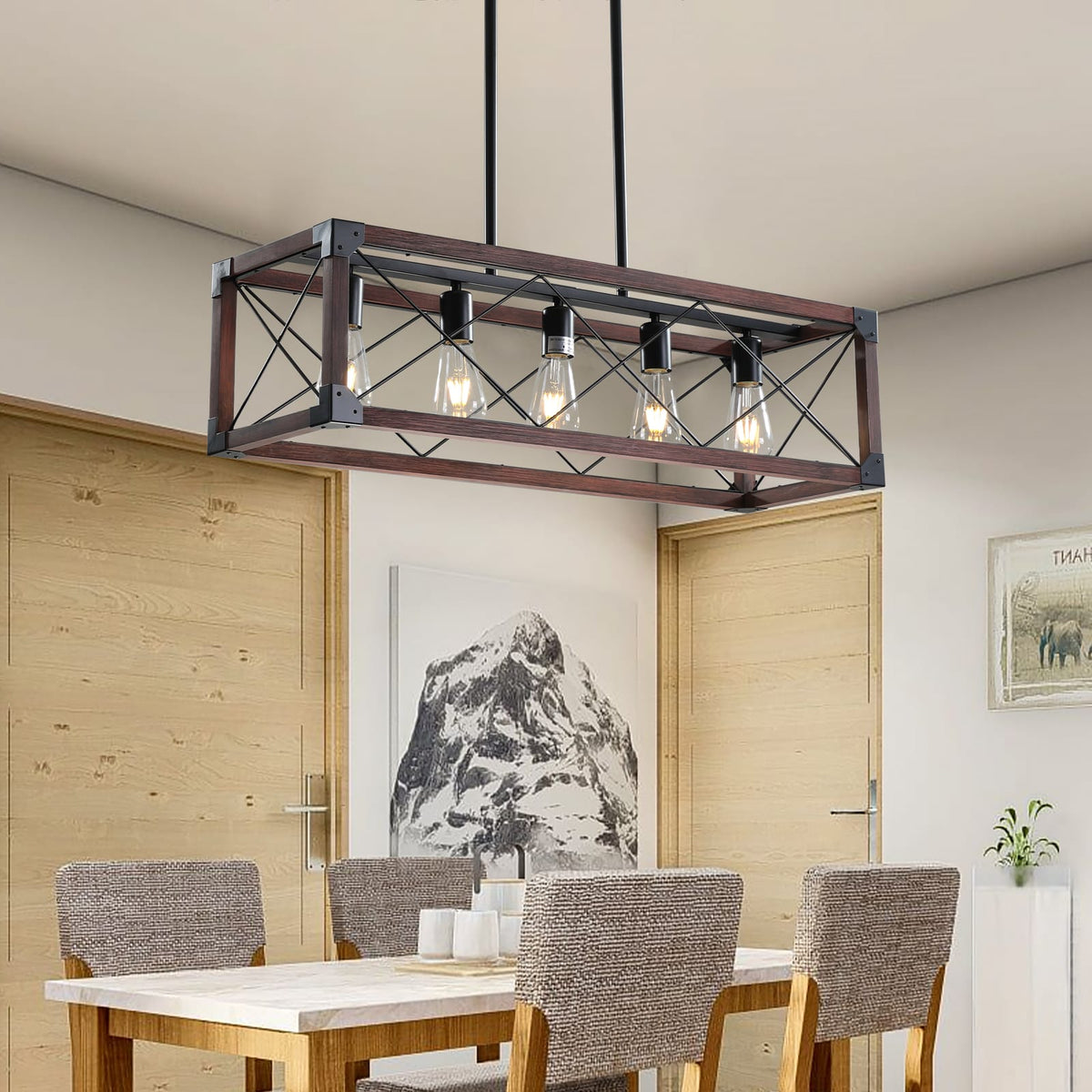 32" Red Wood Industrial Farmhouse Pendant Light - 5-Light Chandelier
